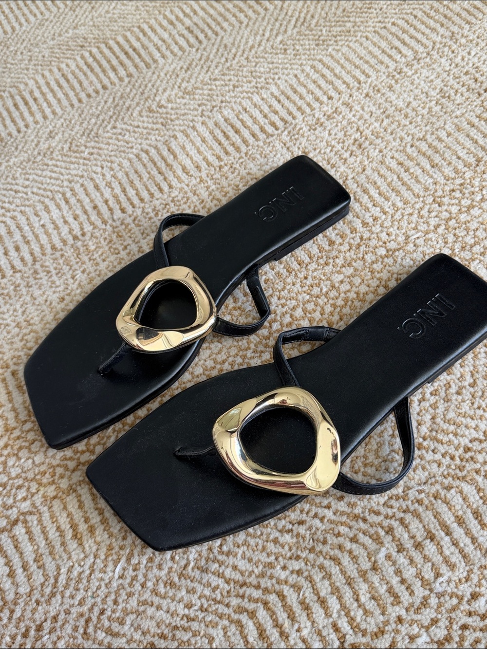 INC International Concepts Black Slide Sandals with Gold Ring Detail
